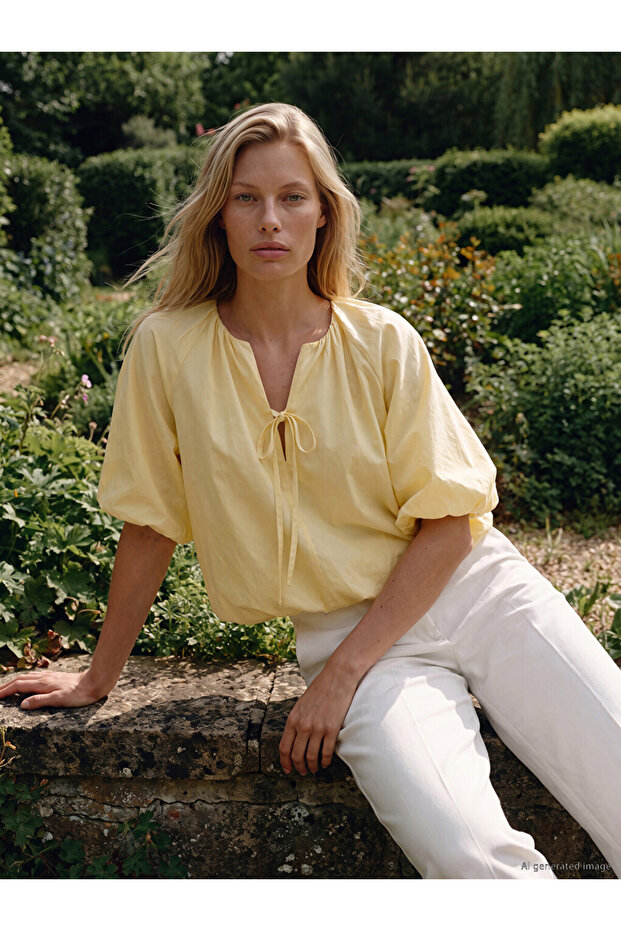 Esvab • Modern & Distinctive Kaçık Roba Collar Balloon Sleeve Gathered Blouse