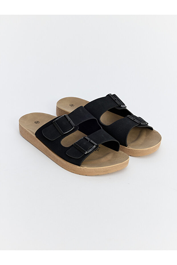 Vizyon New Season Black Adjustable Buckle Double Strap Men's Slippers