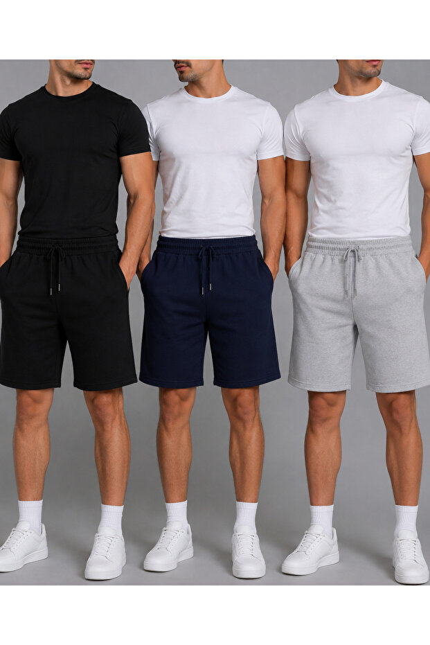 Men's 3-Pack Sports Shorts 65% Cotton 35% Polyester Black Gray Navy Blue