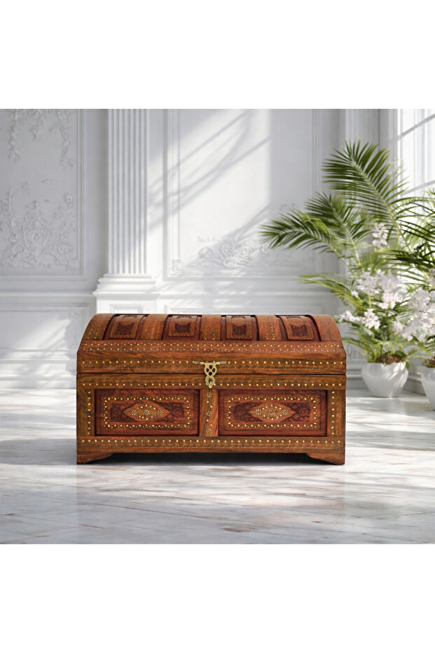 Sheesham Wood Handcrafted Keepsake Box with Lock Antique Brass Inlay Box(W:24''D:15''H:15.5'')