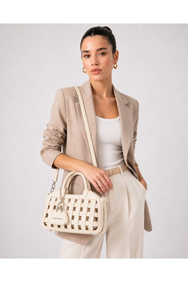 Women's Hand and Shoulder Bag, Knitted Textured, Double Handle, Stylish Cream with Chain Accessories