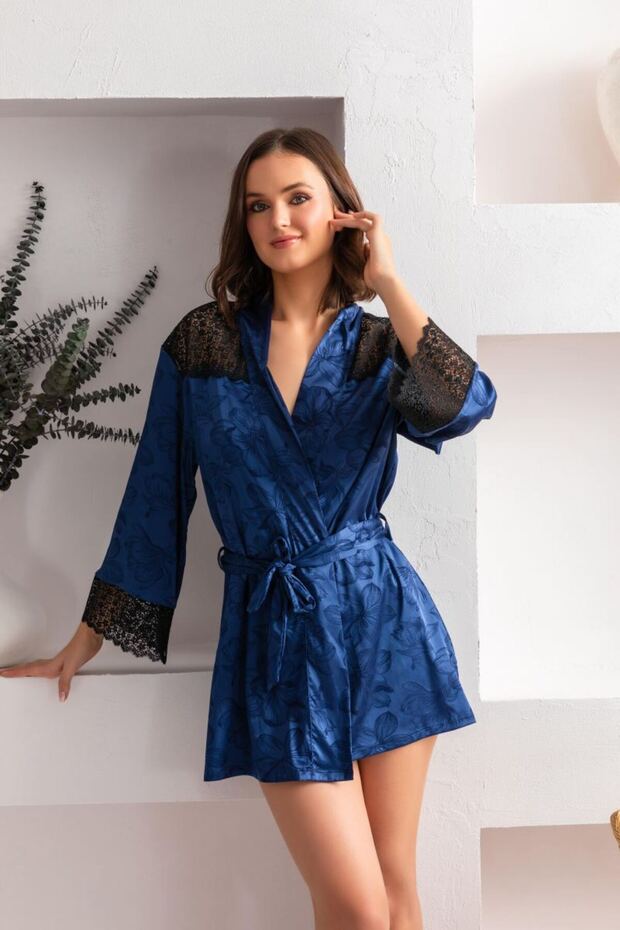 Belted Mini Size Dressing Gown Navy Blue