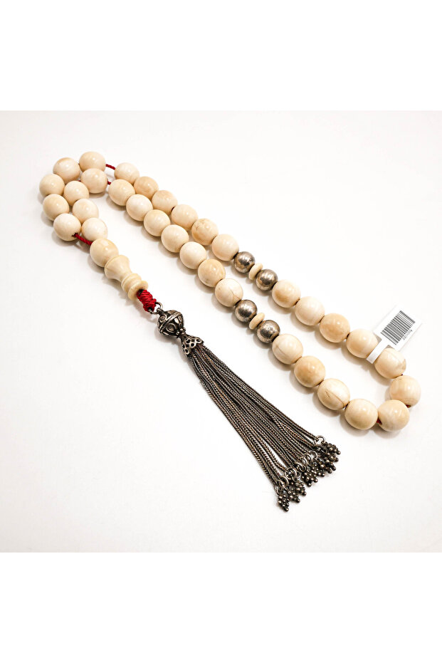 Antique Ivory & Silver Rosary 31 Beads 11.5x12mm Cream White Prayer Beads 71g Silver Chain Tassel
