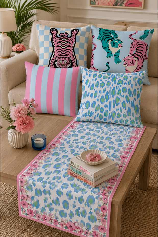 Blue Leopard Patterned Runner and Decorative Cushion Cover Set of 5 – Modern Balcony Garden Decor
