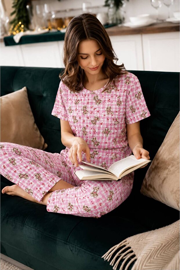 Women's 100% Cotton Combed Patterned Short Sleeve Pajamas Set
