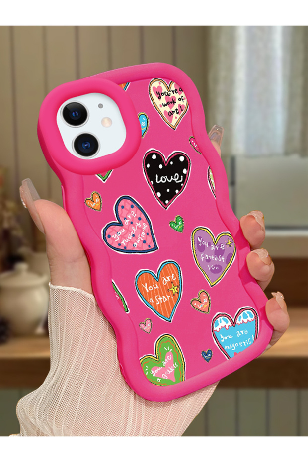 iPhone 12 Compatible Case with Camera Protector Red Silicone Couple Phone Case Heart Pattern