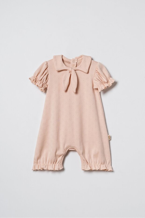 Baby Girl Cotton Salmon Bow Collar Short Jumpsuit