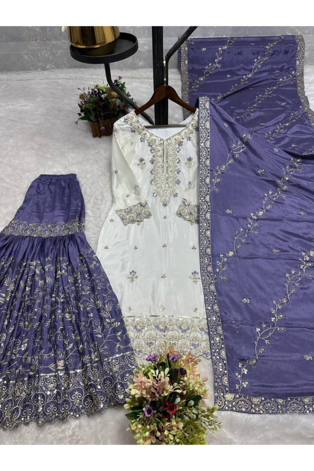Purple Chinon Silk Embroidered Sharara Set - HRT7601 | Purple-Size:(S-36-Inches)