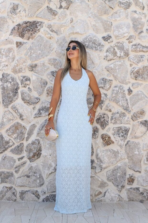 Baby Blue Lace Halter Neck Dress