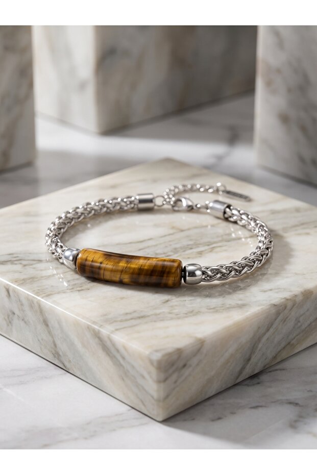 Cobra Eye Natural Stone and Adjustable Steel Chain Men's Bracelet 01892