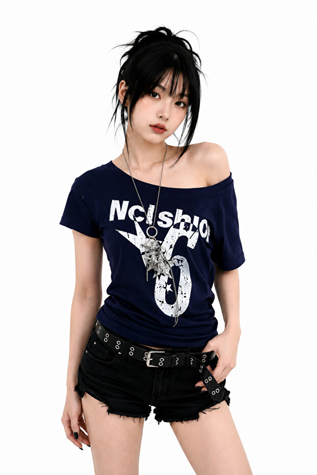 Women's Y2K Navy Blue 100% Cotton Printed Off-Shoulder Oversize T-Shirt