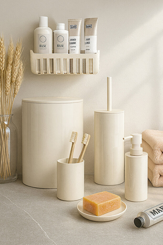 Stylish Beige Bathroom Set and Adhesive Shelf for a Refreshing Space