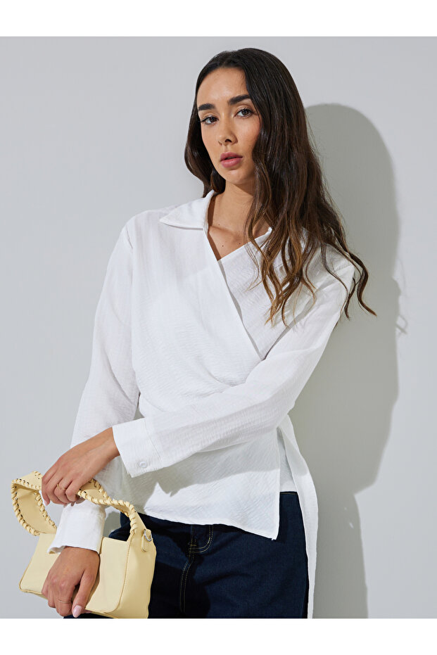 White Textured Long Sleeves Wrap Top