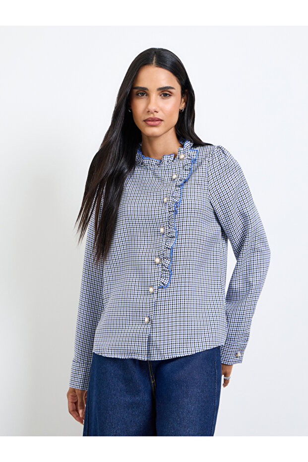 Blue Gingham Ruffled Long Sleeve Blouse