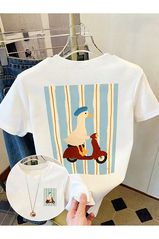 French Hat Duck Printed Oversize Crew Neck Summer T-Shirt