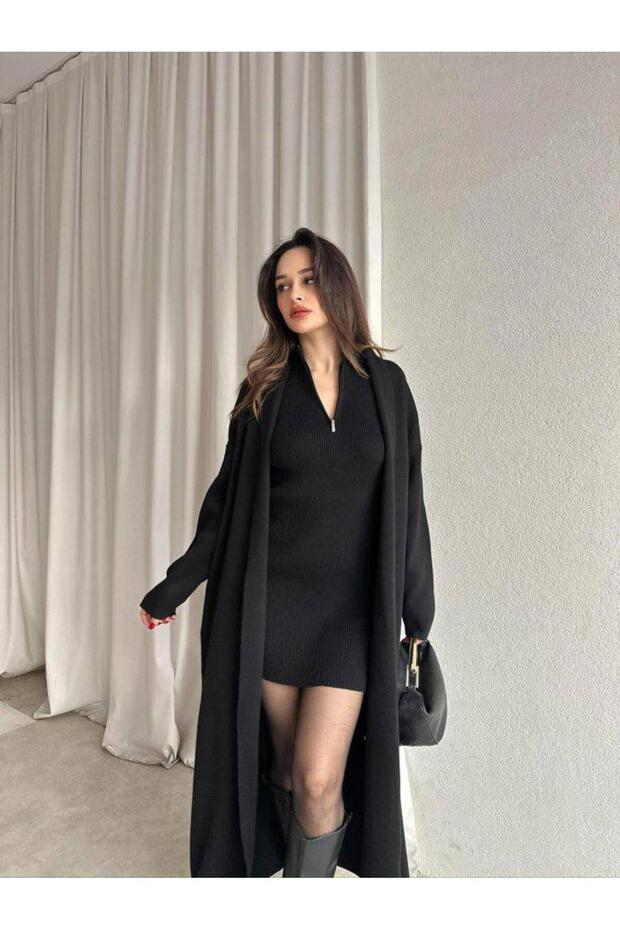 Zippered Ribbed Knitwear Dress - Long Cardigan