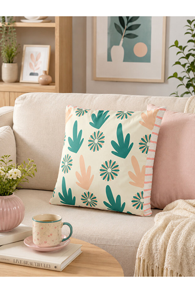 Pastel Leaf Patterned Decorative Throw Pillow Cover with Pink Edges 40X40 cm