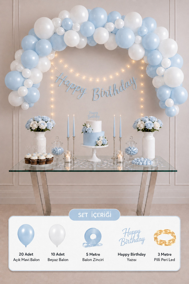 Light Blue White Birthday Decoration Set with 30 Balloons Happy Birthday Written Led Party Set