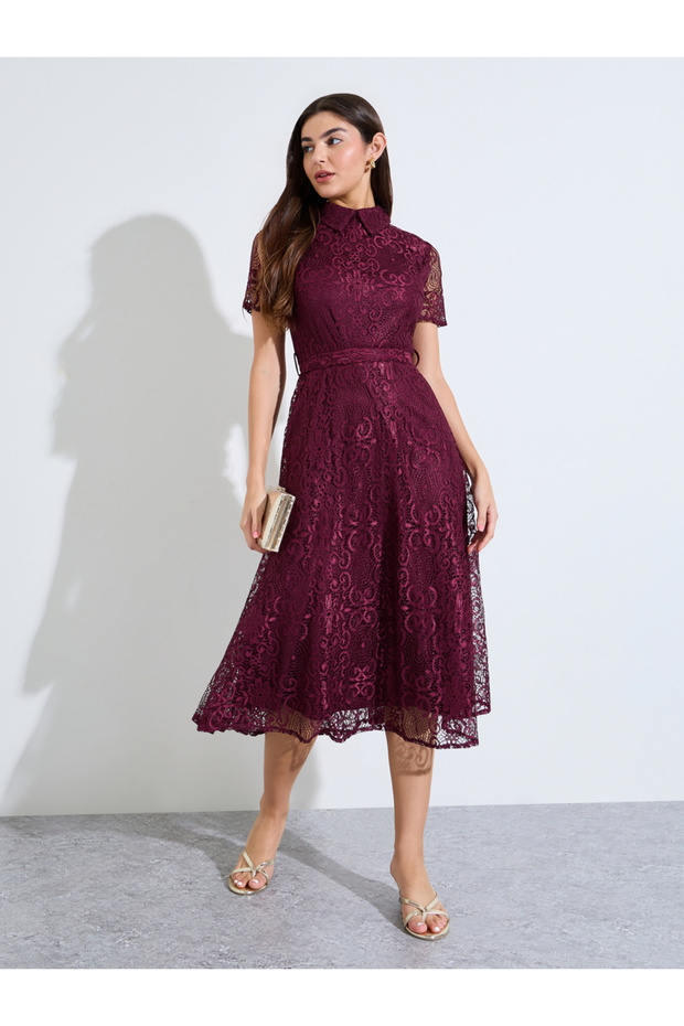 Maroon Lace A-Line Midi Dress With Tie-Belt