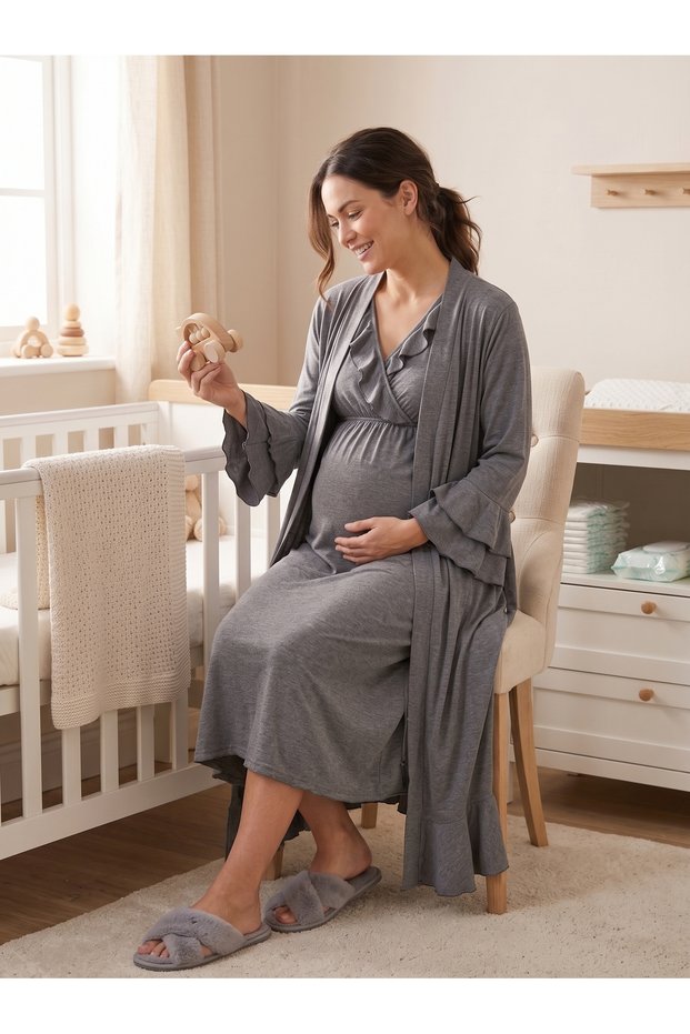 New Season Smoked Melange Flounce Detailed Stylish Design Full Length Short Sleeve Maternity Nightgown Set with Breastfeeding Feature