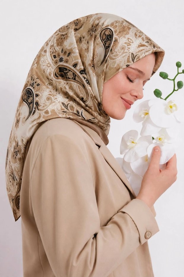 Patterned Cotton Silk Scarf Ls2203 01-Beige-Ecru-Black