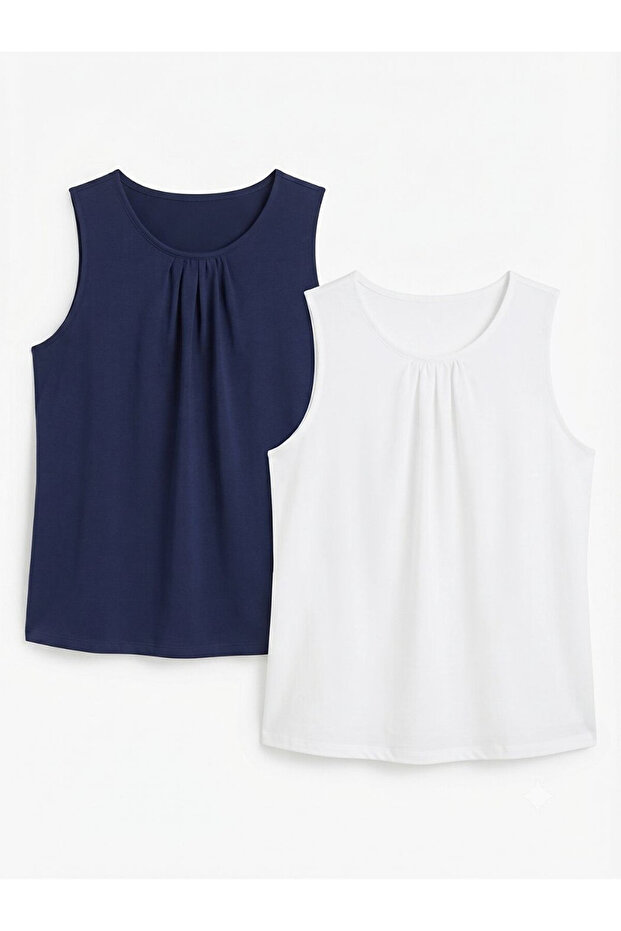 2-Piece Large Size Viscose Strap Blouse Navy+White