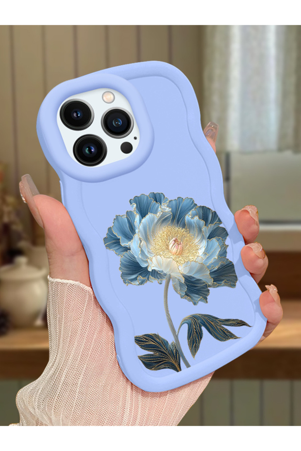 iPhone 13 Pro Max Compatible Case Camera Protector Blue Silicone Couple Phone Case Floral Pattern