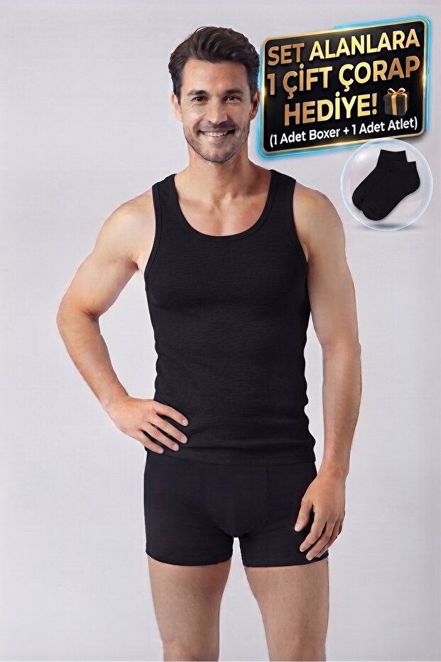 Men's Socks Gift Set of 2 Cotton Lycra 1 Black Boxer and 1 Black Undershirt Set