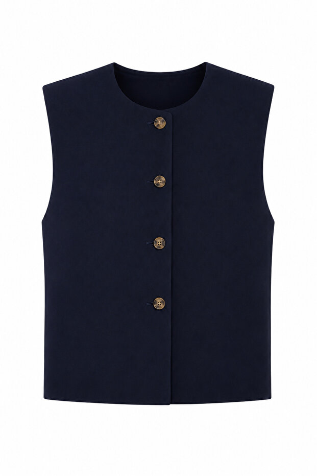 Linen Blend Buttoned Navy Blue Vest