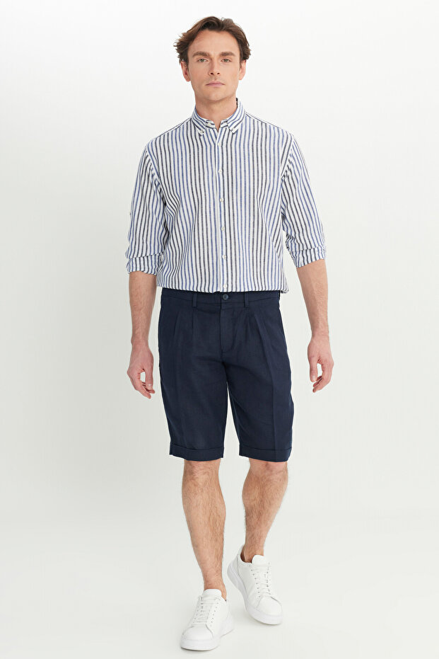 Men's Navy Blue 100% Linen Slim Fit Shorts with Elastic Waist and Side Pockets