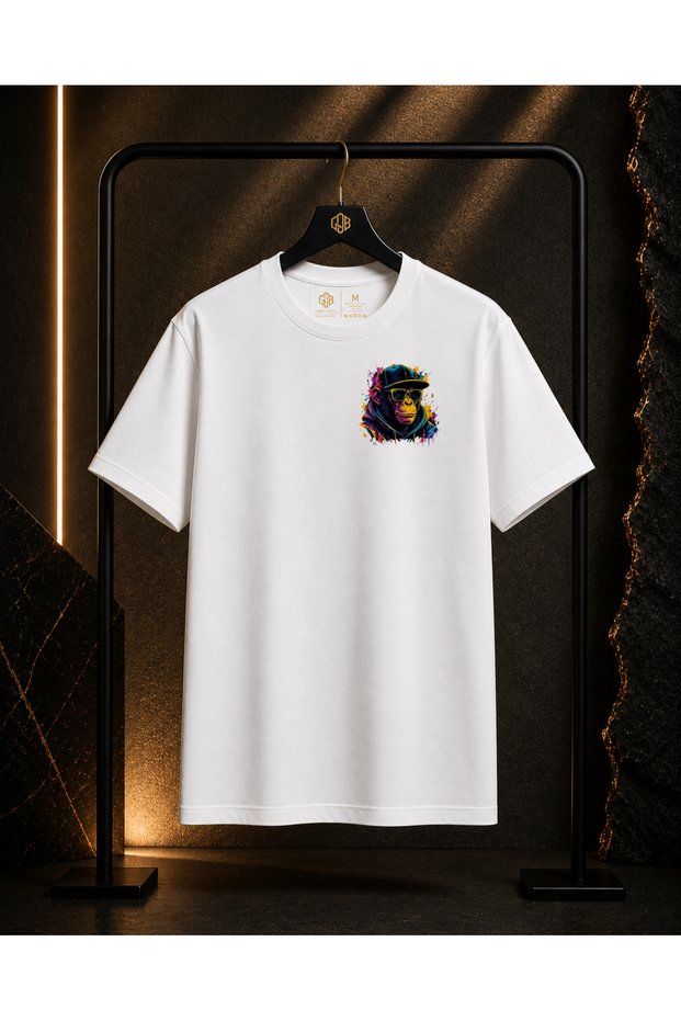 Unisex Urban Monkey Left Chest Printed 100% Cotton Oversize Crew Neck Short Sleeve T-Shirt White