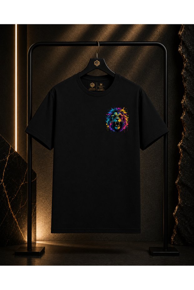 Unisex Premium Crazy Lion Left Chest Printed 100% Cotton Oversize Crew Neck Short Sleeve T-Shirt Black