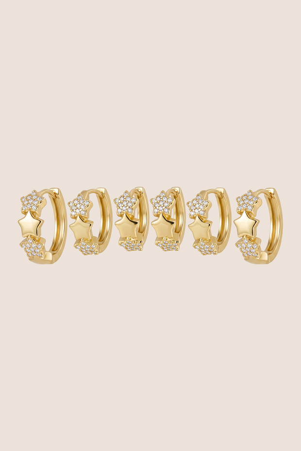 Gold Color Zircon Stone Row Star Shaped 6-Piece Hoop Earring Set