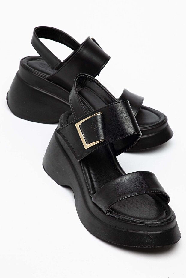 Women's Wedge Heeled Sandals Black Thick Straps with Buckle and Velcro