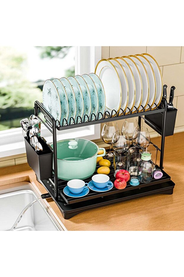 Dish Drying Rack for Kitchen Counter, 2-Tier Large Capacity Kitchen Organizers and Storage Rack with Cutlery Holder, Black