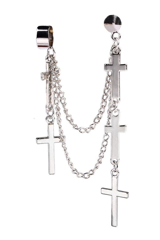 Ear cuff earring, model with two chains and five small crosses