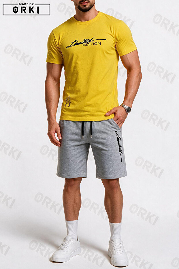 Limited Edition Printed Cotton Fabric Unisex T-Shirt-Grey Shorts Set