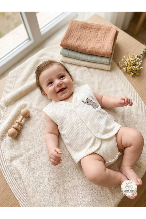 Elephant Embroidered Baby Vest – 100% Cotton, Soft Texture, Unisex Baby Vest with Snap Fasteners