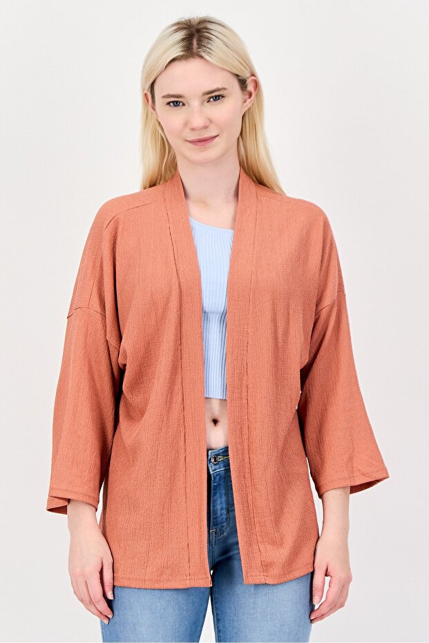 Women Split Neck Textured Cardigan, Rust