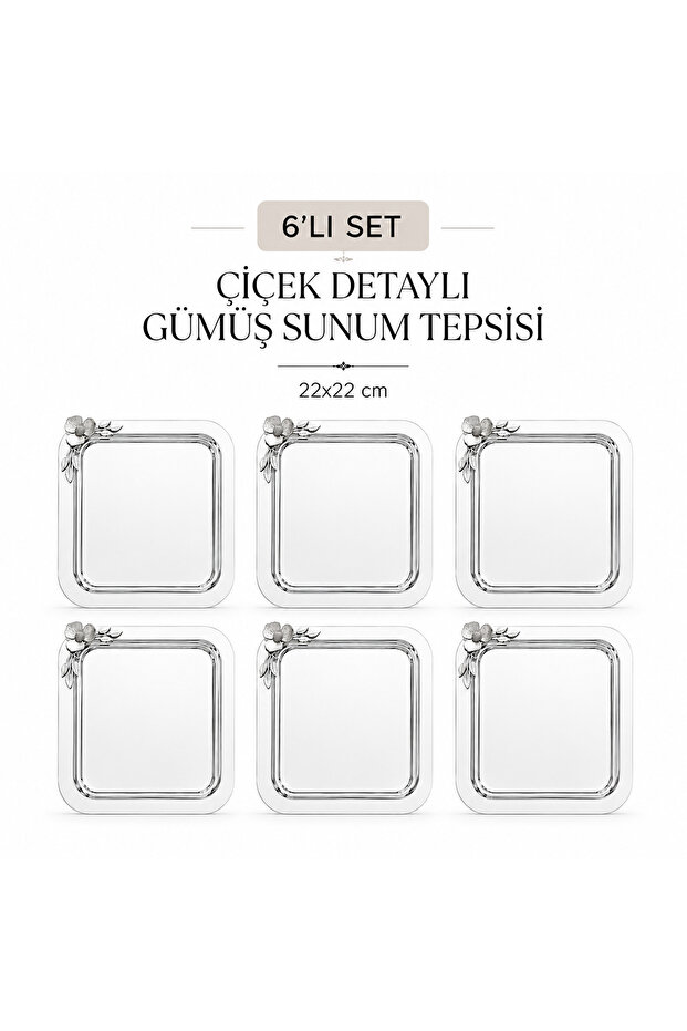 Silver Single Flower Detailed Square Presentation Tray 22X22 cm Engagement Promise Coffee Tea Dessert Treat Tray