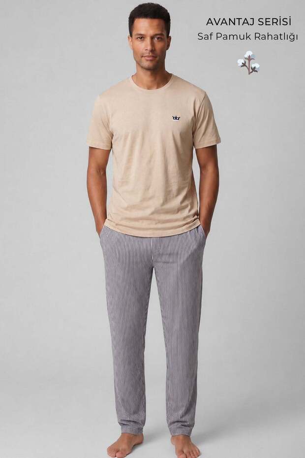 Egyptian Men's Cotton Striped Pajama Set Beige-Navy Blue
