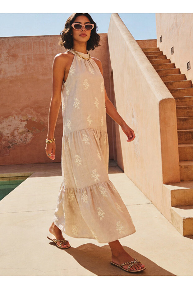 HALTER EMBROIDERED TIERED DRESS