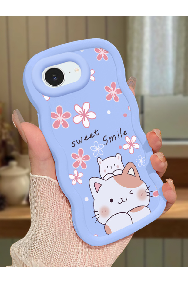iPhone 17E Compatible Case Camera Protector Blue Silicone Couple Phone Case Cat Pattern