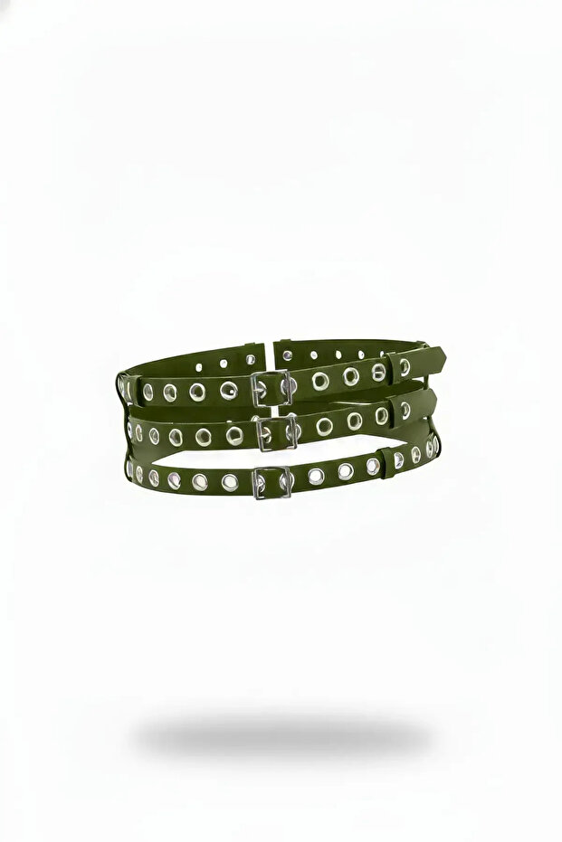 Khaki Women's Belt Three-Layer Wide Belt with Metal Rings