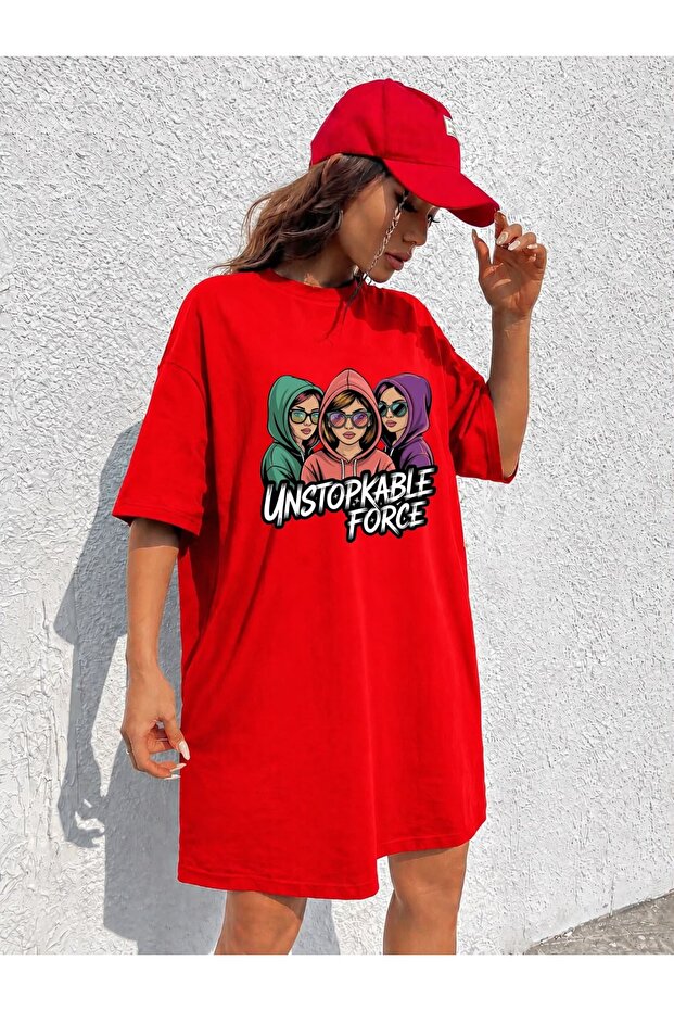 Women's Extra Long Oversize Unstopkable Force Written Girls Printed Tunic T-Shirt