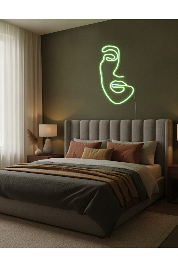 Soyut Yüz Figürlü LED Neon Duvar Tablosu | Yeşil Aydınlatmalı Modern Dekor | Salon - 4