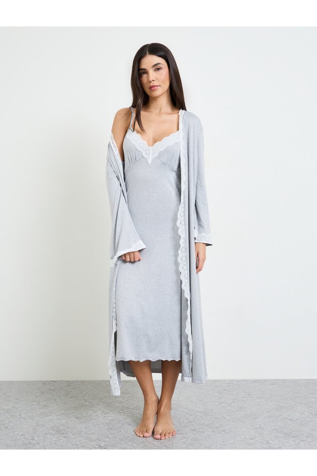 Pack Of 2 - Contrast Lace Detail Slipdress And Robe