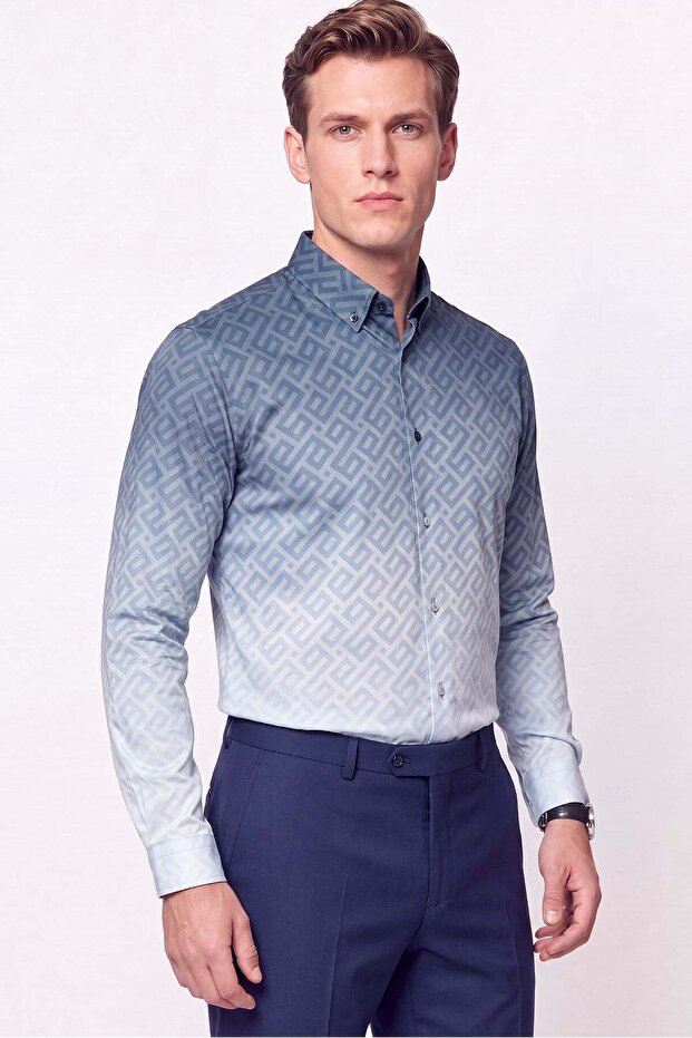 Slim Fit Button Collar Patterned Blue Shirt g 1611