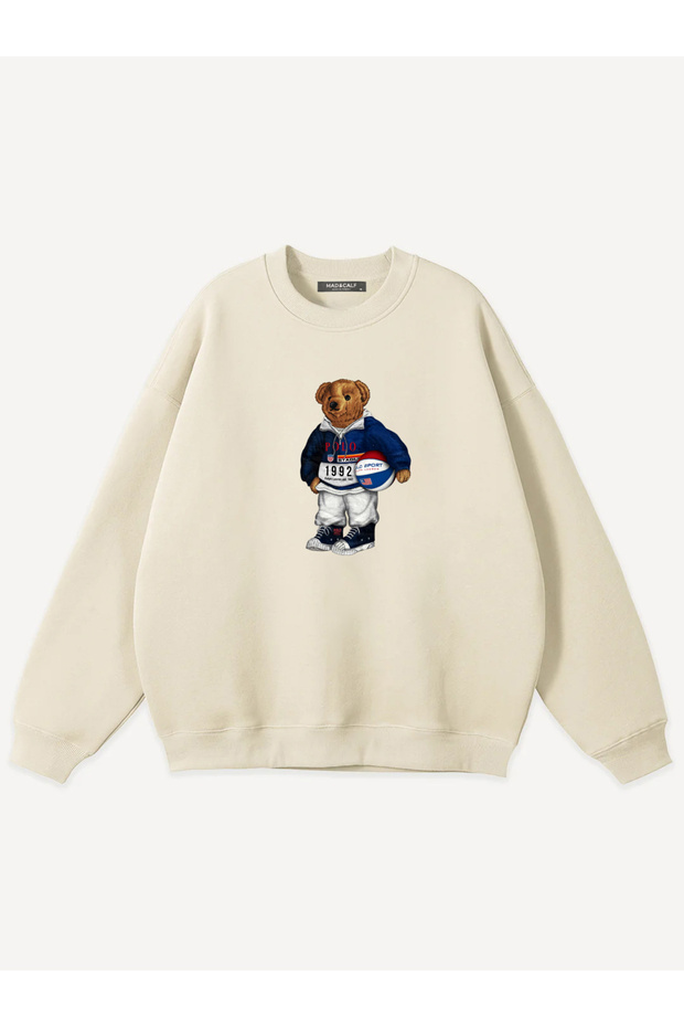 Unisex College Teddy Printed Crew Neck Oversize Sweatshirt
