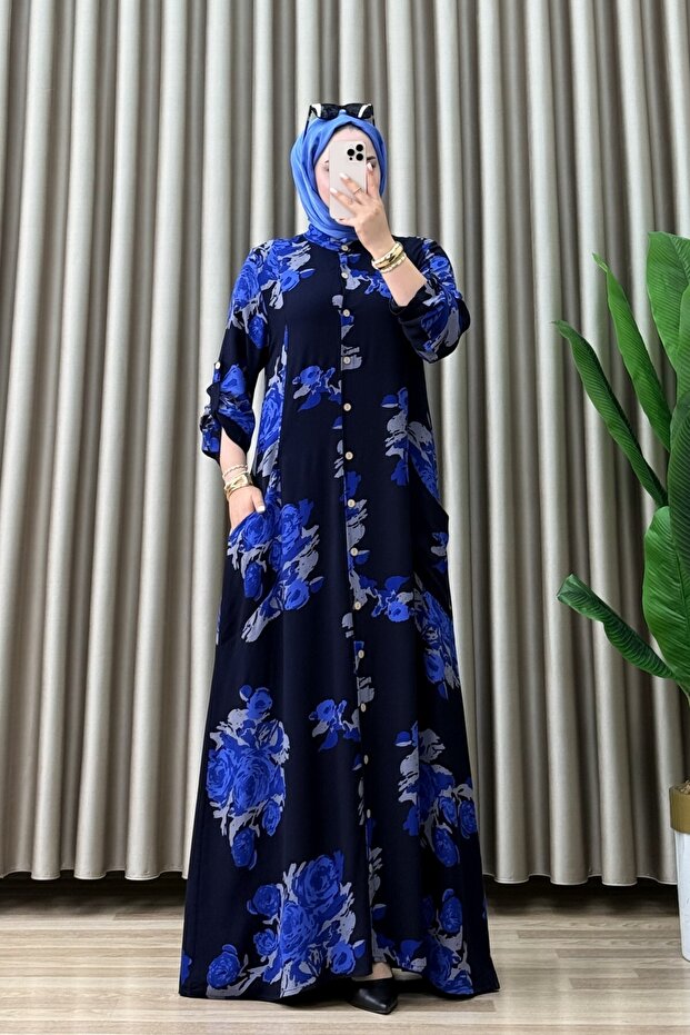Çağla Dress Viscose Fabric Women's Navy Blue Floral Patterned Hijab Dress with Openable Buttons and Pockets